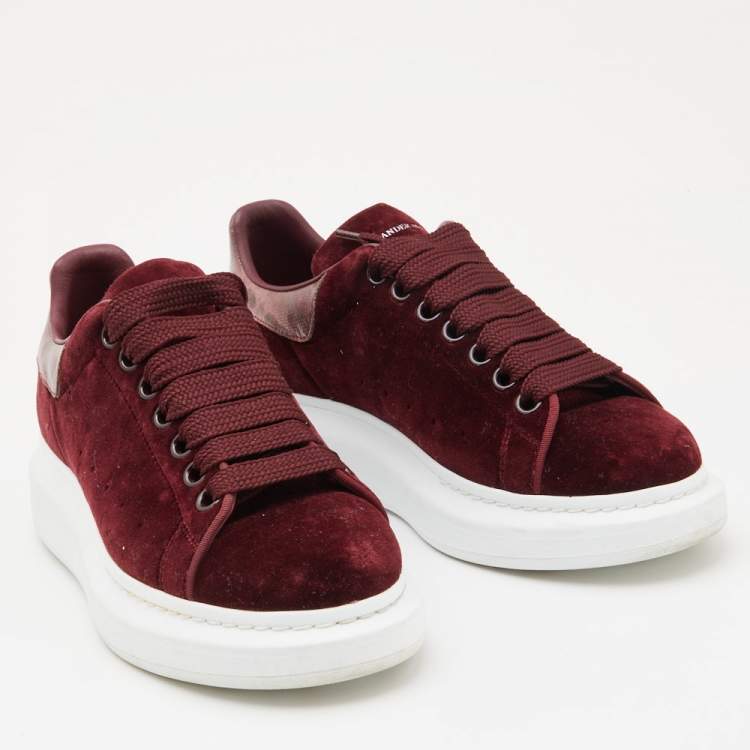Pre Owned Alexander McQueen Burgundy Velvet and Karung Leather Oversized Low Top  Sneakers Size 38.5
