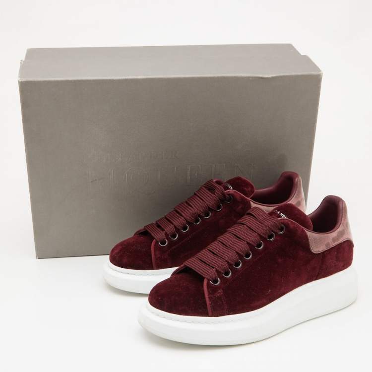Pre Owned Alexander McQueen Burgundy Velvet and Karung Leather Oversized Low Top  Sneakers Size 38.5