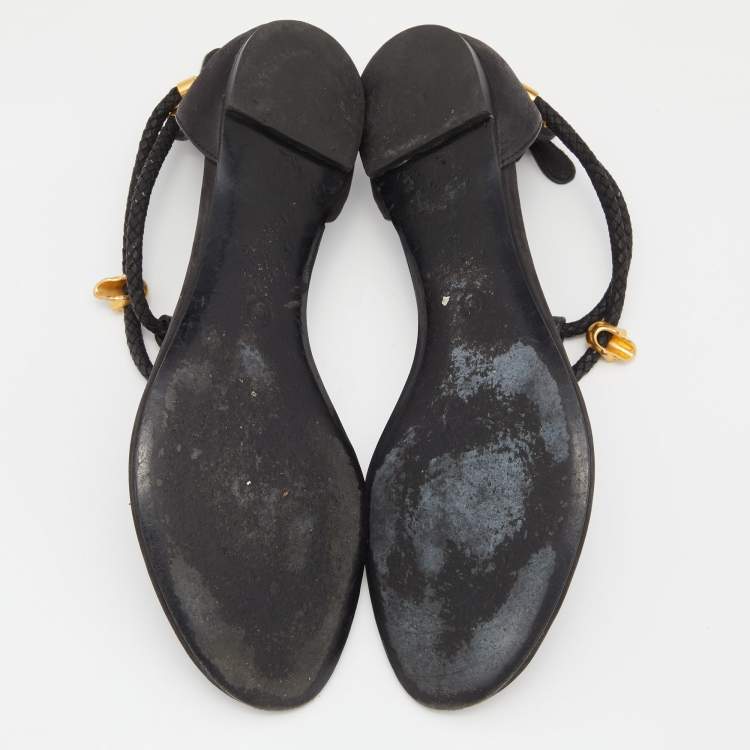Pre Owned Alexander McQueen Black Leather Skull Embellished Thong Flat Sandals Size 39