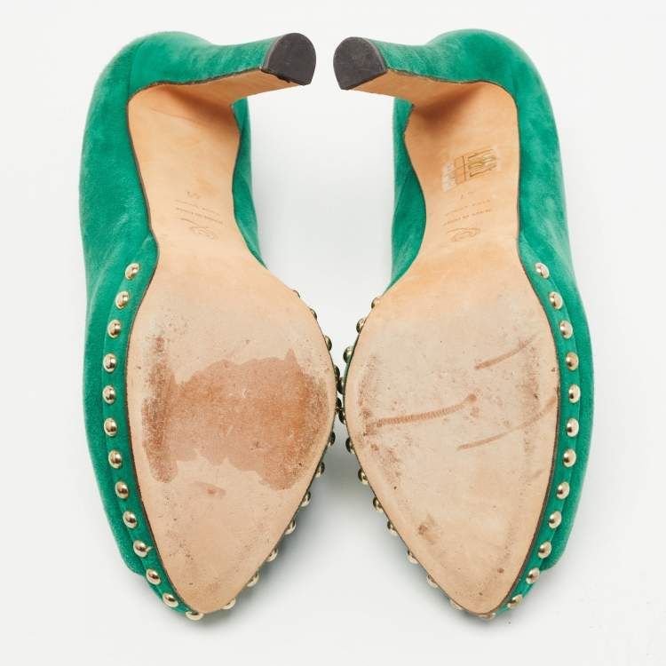 Pre Owned Alexander McQueen Green Suede Crystal Embellished Skull Studded Platform Peep Toe Pumps Size 41