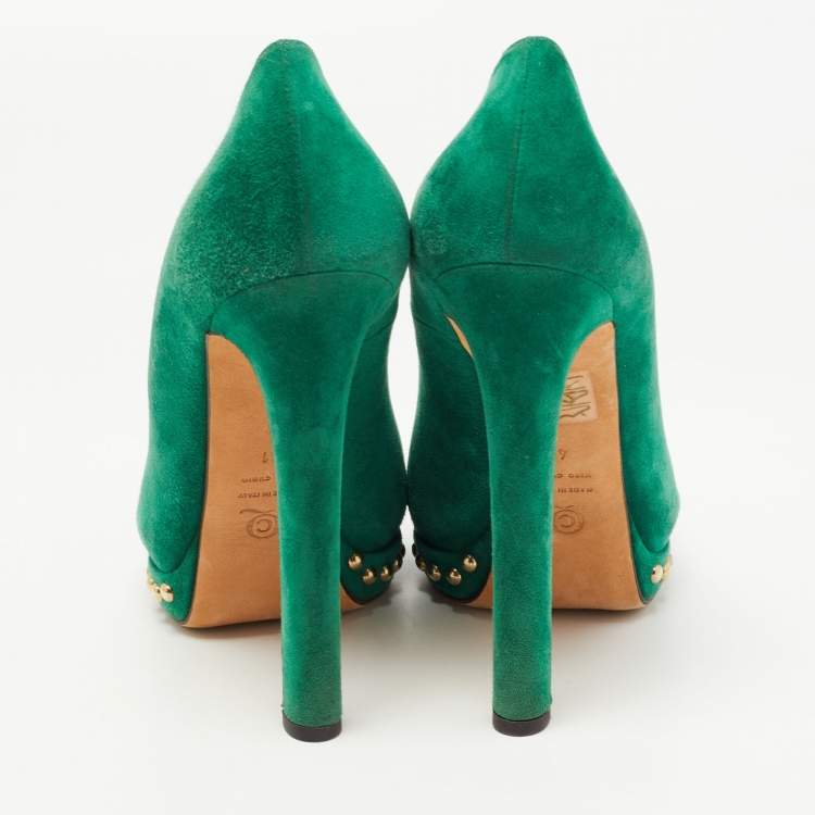 Pre Owned Alexander McQueen Green Suede Crystal Embellished Skull Studded Platform Peep Toe Pumps Size 41