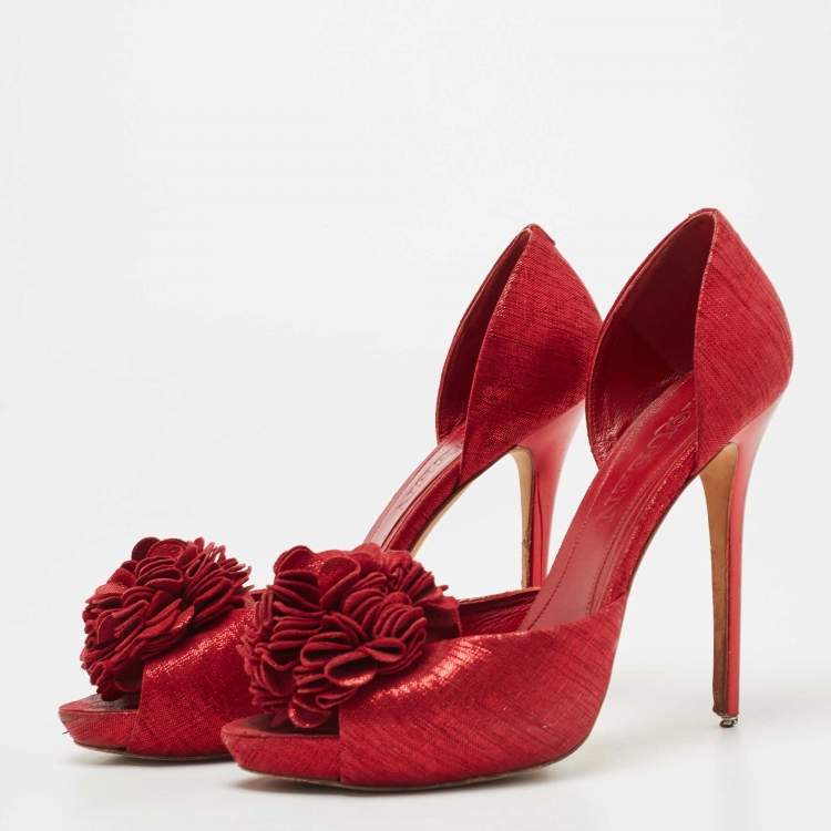 Pre Owned Alexander McQueen Red Laminated Suede Floral Applique D'orsay Pumps Size 38.5