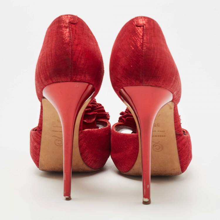 Pre Owned Alexander McQueen Red Laminated Suede Floral Applique D'orsay Pumps Size 38.5