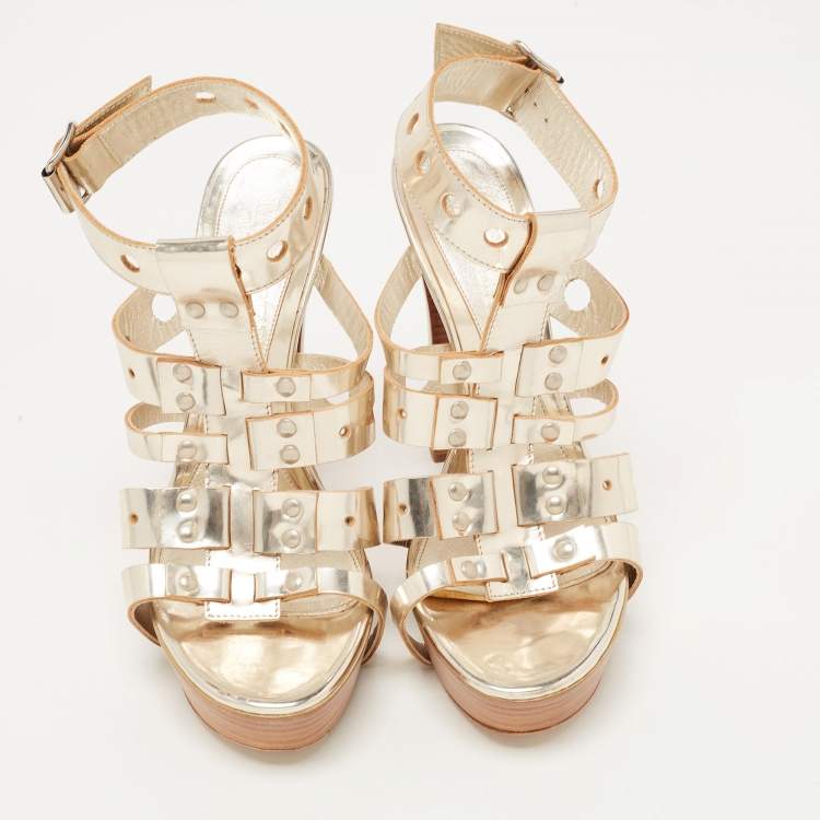 Pre Owned Alexander McQueen Gold Laser Cut Leather Strappy Platform Sandals Size 39