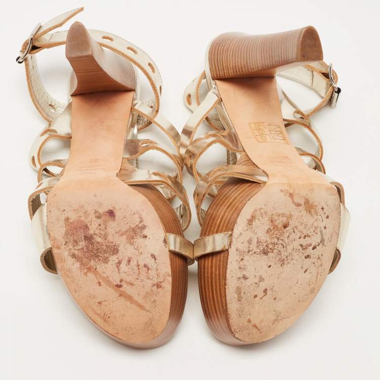 Pre Owned Alexander McQueen Gold Laser Cut Leather Strappy Platform Sandals Size 39