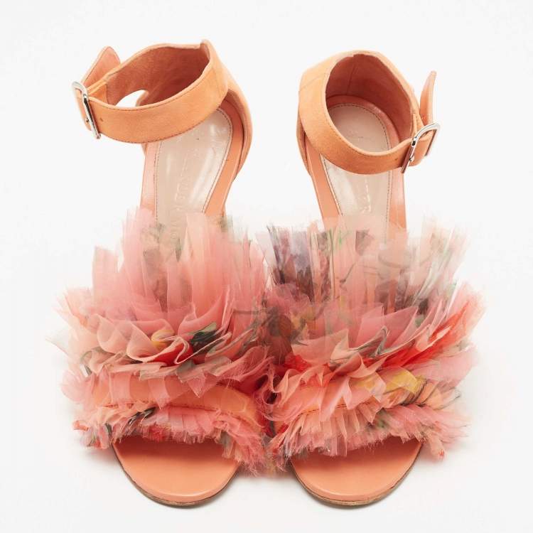 Pre Owned Alexander McQueen Orange Suede Flower Detail Ankle Strap Sandals Size 38