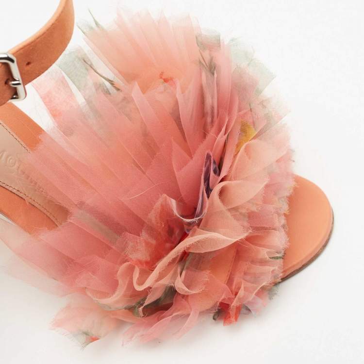 Pre Owned Alexander McQueen Orange Suede Flower Detail Ankle Strap Sandals Size 38