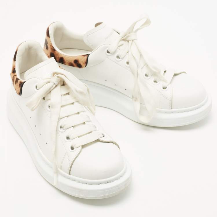 Pre Owned Alexander McQueen White Leather And Leopard Print Pony Hair Low Top Sneakers Size 38