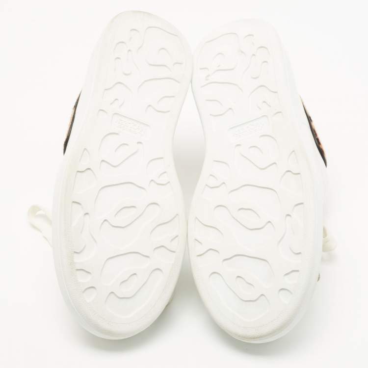 Pre Owned Alexander McQueen White Leather And Leopard Print Pony Hair Low Top Sneakers Size 38