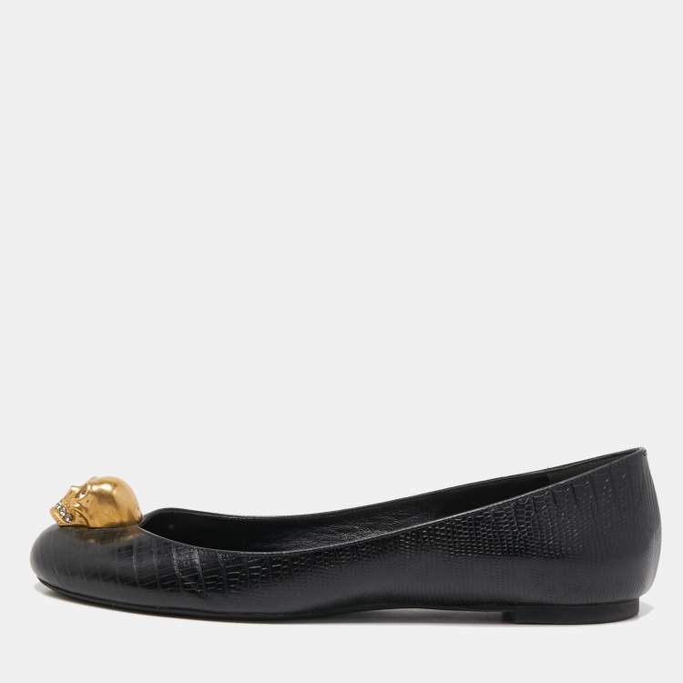Pre Owned Alexander McQueen Black Lizard Embossed Leather Skull City Ballet Flats Size 37.5