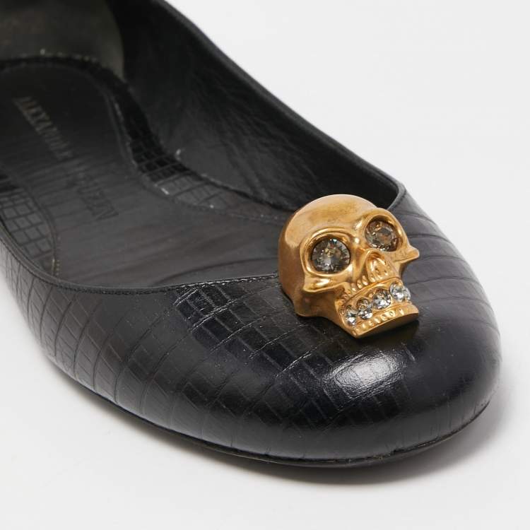 Pre Owned Alexander McQueen Black Lizard Embossed Leather Skull City Ballet Flats Size 37.5