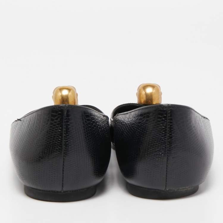 Pre Owned Alexander McQueen Black Lizard Embossed Leather Skull City Ballet Flats Size 37.5