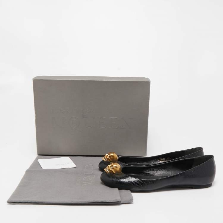 Pre Owned Alexander McQueen Black Lizard Embossed Leather Skull City Ballet Flats Size 37.5