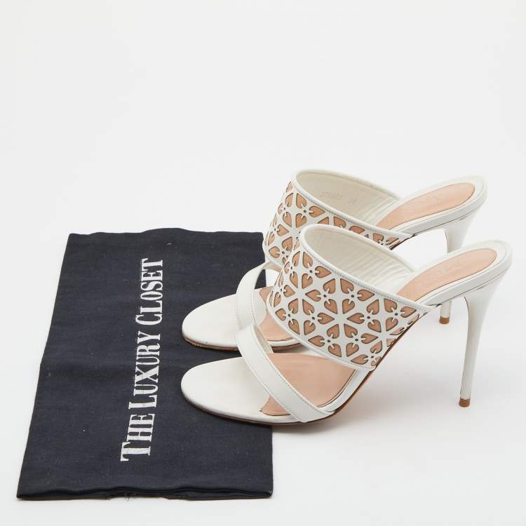 Pre Owned Alexander McQueen White/Beige Laser Cut Leather Sandals Size 38