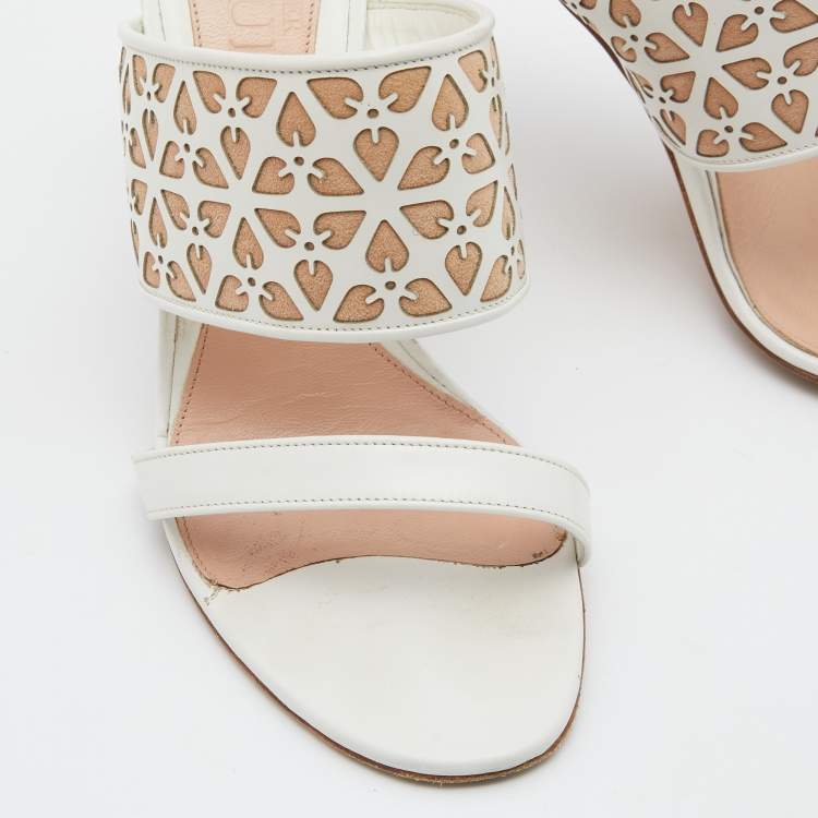 Pre Owned Alexander McQueen White/Beige Laser Cut Leather Sandals Size 38