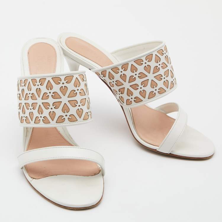 Pre Owned Alexander McQueen White/Beige Laser Cut Leather Sandals Size 38