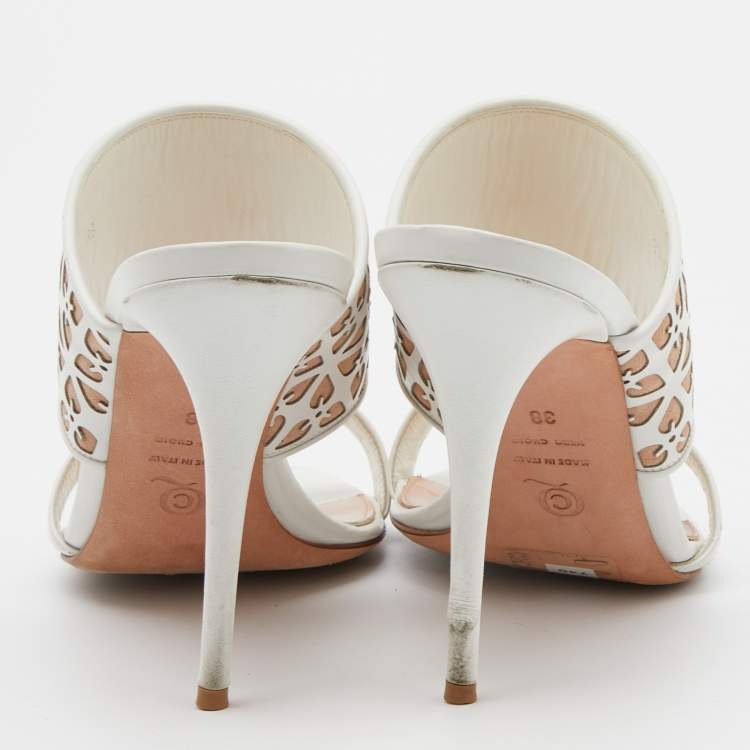 Pre Owned Alexander McQueen White/Beige Laser Cut Leather Sandals Size 38