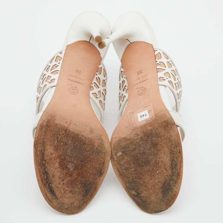 Pre Owned Alexander McQueen White/Beige Laser Cut Leather Sandals Size 38