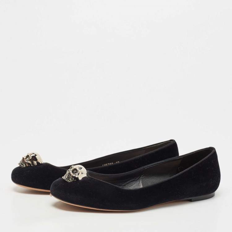 Pre Owned Alexander McQueen Black Velvet Skull City Ballet Flats Size 40