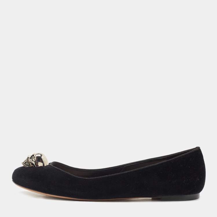 Pre Owned Alexander McQueen Black Velvet Skull City Ballet Flats Size 40