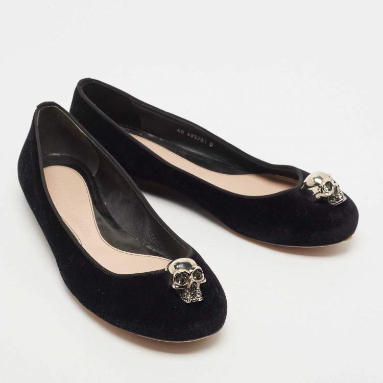 Pre Owned Alexander McQueen Black Velvet Skull City Ballet Flats Size 40
