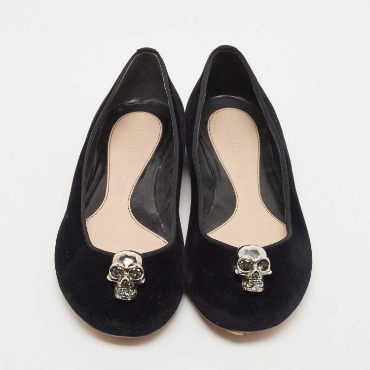 Pre Owned Alexander McQueen Black Velvet Skull City Ballet Flats Size 40