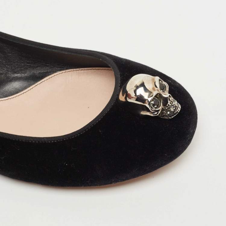 Pre Owned Alexander McQueen Black Velvet Skull City Ballet Flats Size 40