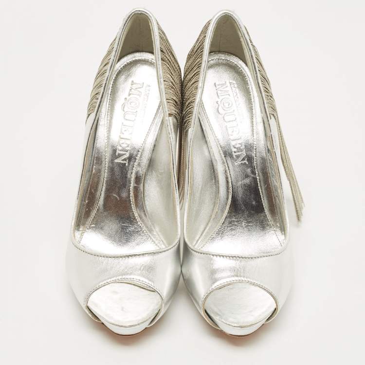 Pre Owned Alexander McQueen Silver Leather Fringe Embellished Peep Toe Pumps Size 38