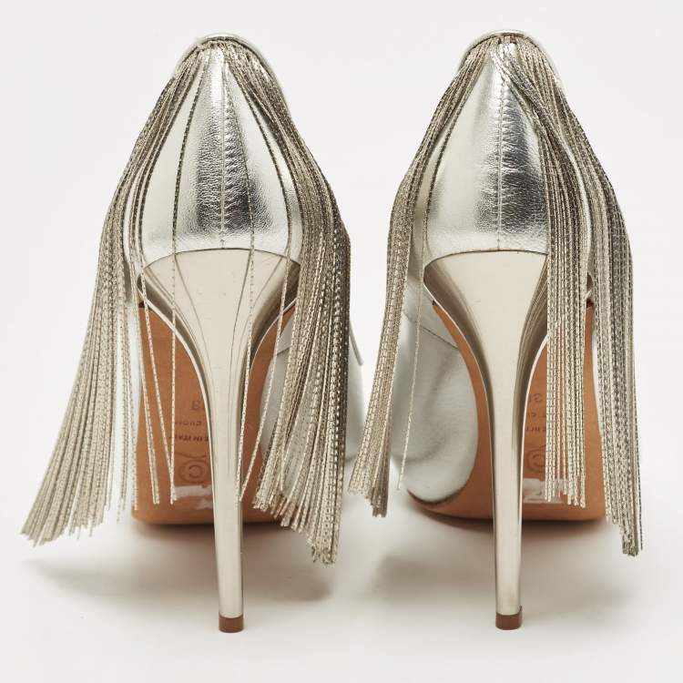 Pre Owned Alexander McQueen Silver Leather Fringe Embellished Peep Toe Pumps Size 38