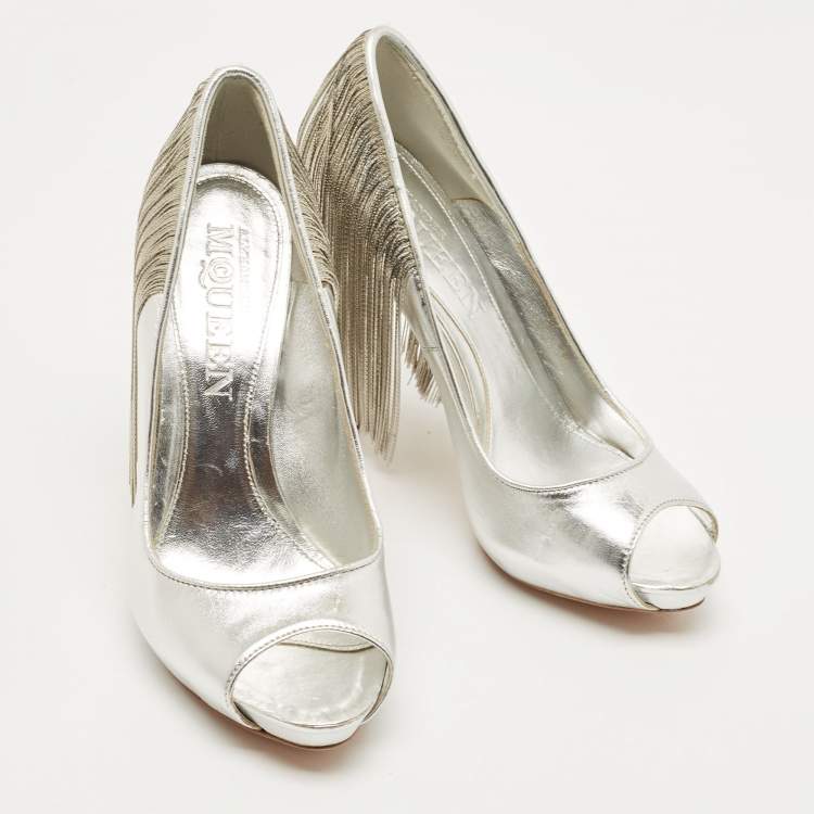 Pre Owned Alexander McQueen Silver Leather Fringe Embellished Peep Toe Pumps Size 38