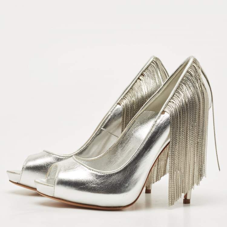 Pre Owned Alexander McQueen Silver Leather Fringe Embellished Peep Toe Pumps Size 38