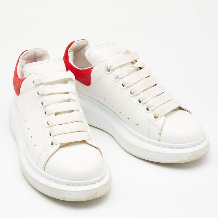 Pre Owned Alexander McQueen White/Red Leather and Suede Oversized Low Top Sneakers Size 38