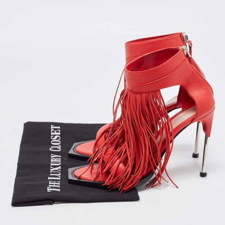 Pre Owned Alexander McQueen Red Leather Fringed Ankle Strap Sandals Size 38.5