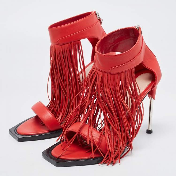 Pre Owned Alexander McQueen Red Leather Fringed Ankle Strap Sandals Size 38.5