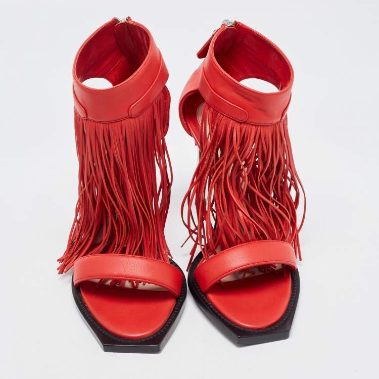 Pre Owned Alexander McQueen Red Leather Fringed Ankle Strap Sandals Size 38.5