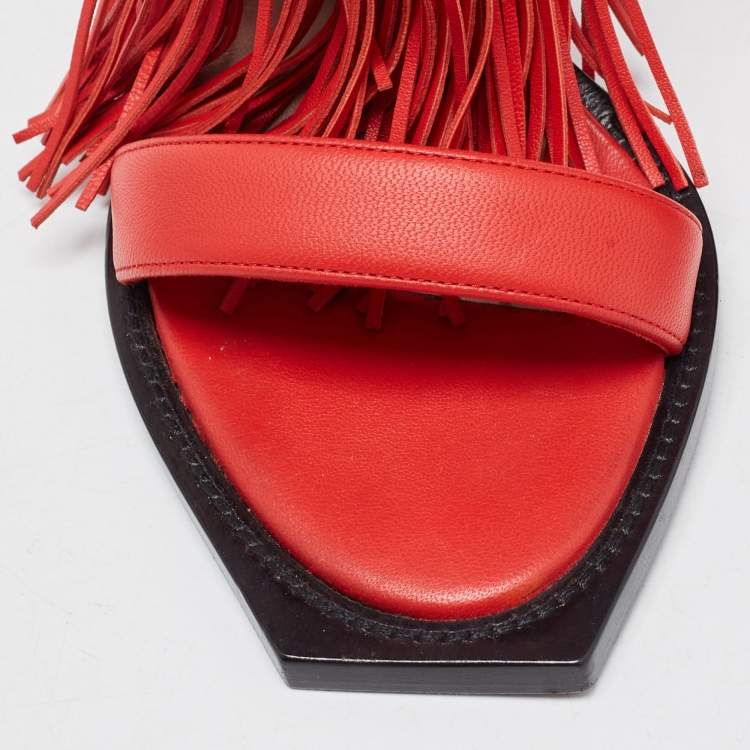 Pre Owned Alexander McQueen Red Leather Fringed Ankle Strap Sandals Size 38.5
