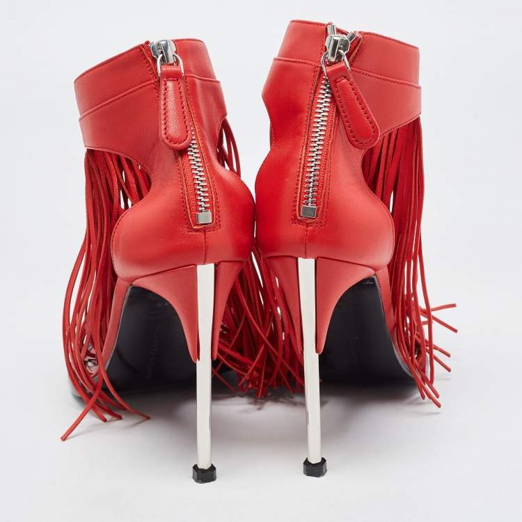 Pre Owned Alexander McQueen Red Leather Fringed Ankle Strap Sandals Size 38.5