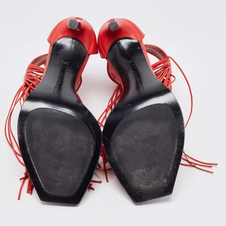 Pre Owned Alexander McQueen Red Leather Fringed Ankle Strap Sandals Size 38.5