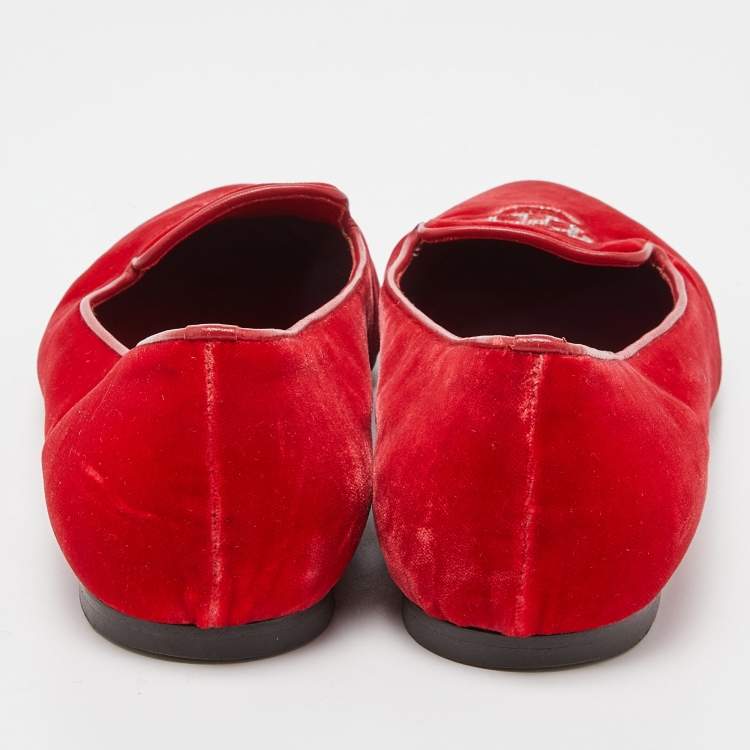Pre Owned Alexander McQueen Red Velvet Embroidered Skull Smoking Slippers Size 38