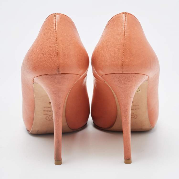 Pre Owned Alexander McQueen Light Orange Leather Embellished Skull Peep Toe Pumps Size 40