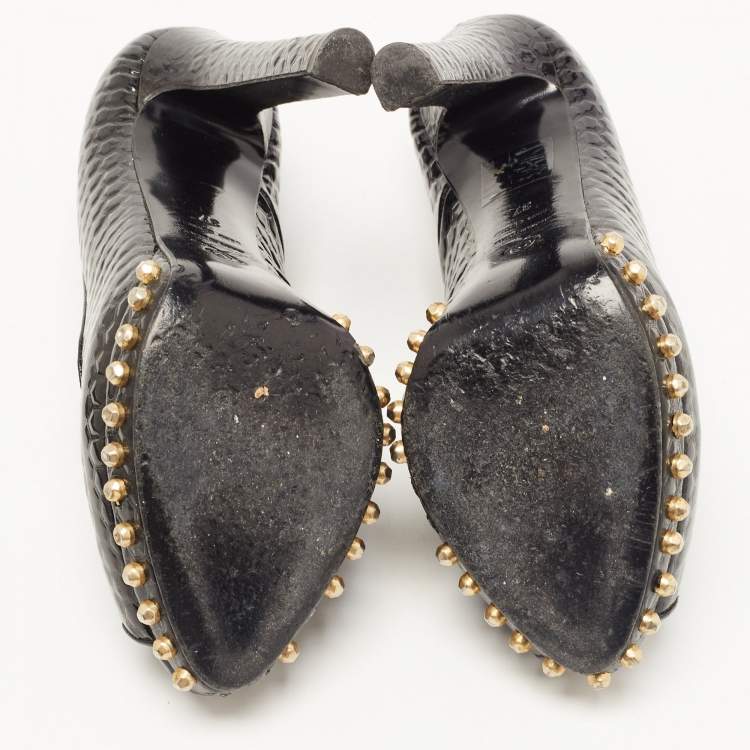 Pre Owned Alexander McQueen Black Patent Leather Skull Embellished Peep Toe Pumps Size 37