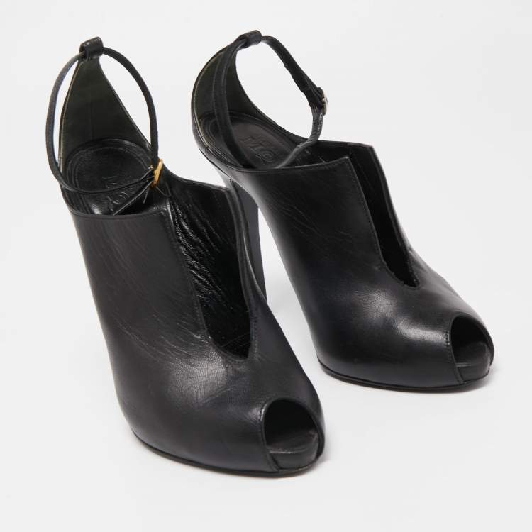 Pre Owned Alexander McQueen Black Leather Cutout Ankle Strap Boots  Size 38