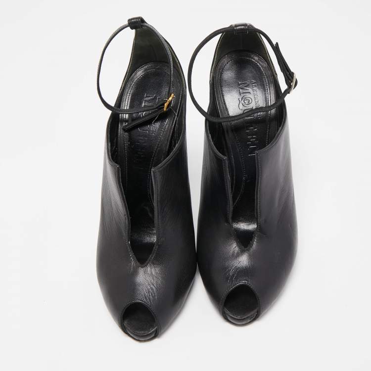 Pre Owned Alexander McQueen Black Leather Cutout Ankle Strap Boots  Size 38