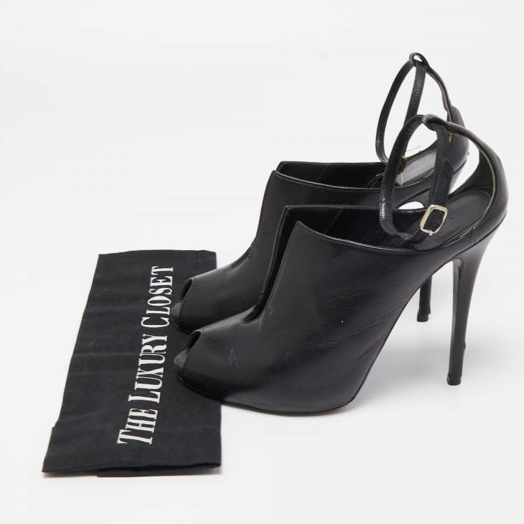 Pre Owned Alexander McQueen Black Leather Cutout Ankle Strap Boots  Size 38
