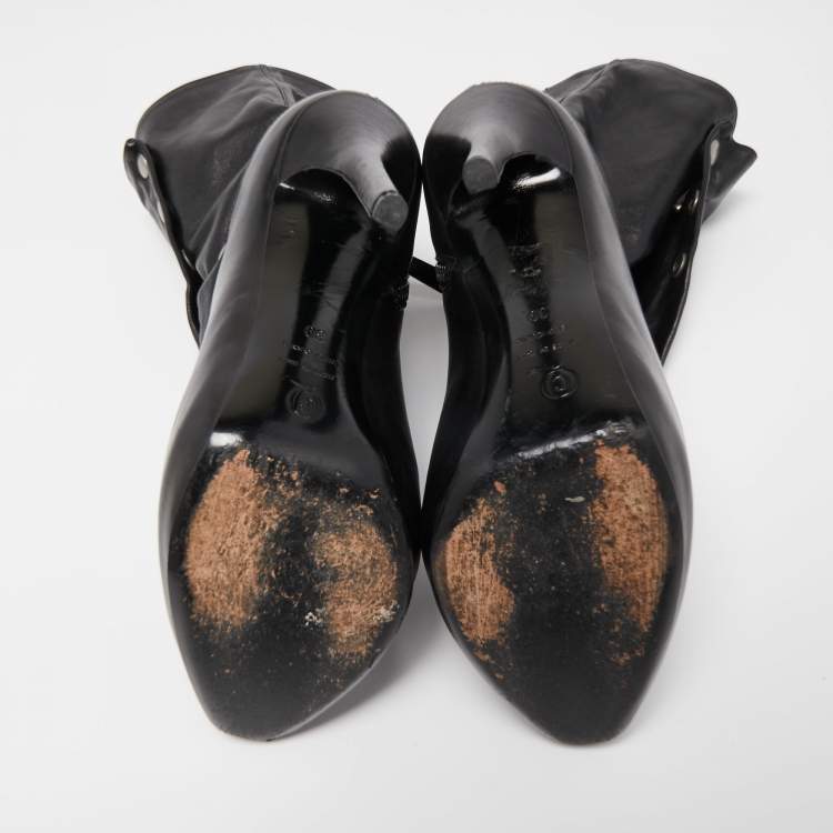 Pre Owned Alexander McQueen Black Leather Stud Detail Calf Length Boots Size 39