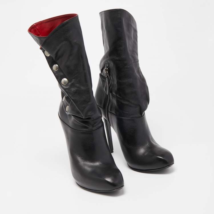 Pre Owned Alexander McQueen Black Leather Stud Detail Calf Length Boots Size 39