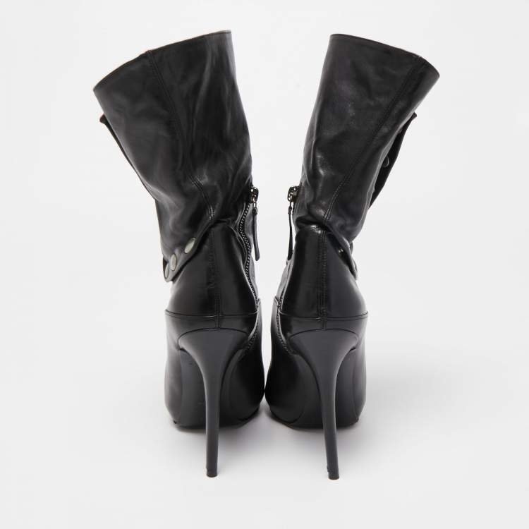 Pre Owned Alexander McQueen Black Leather Stud Detail Calf Length Boots Size 39