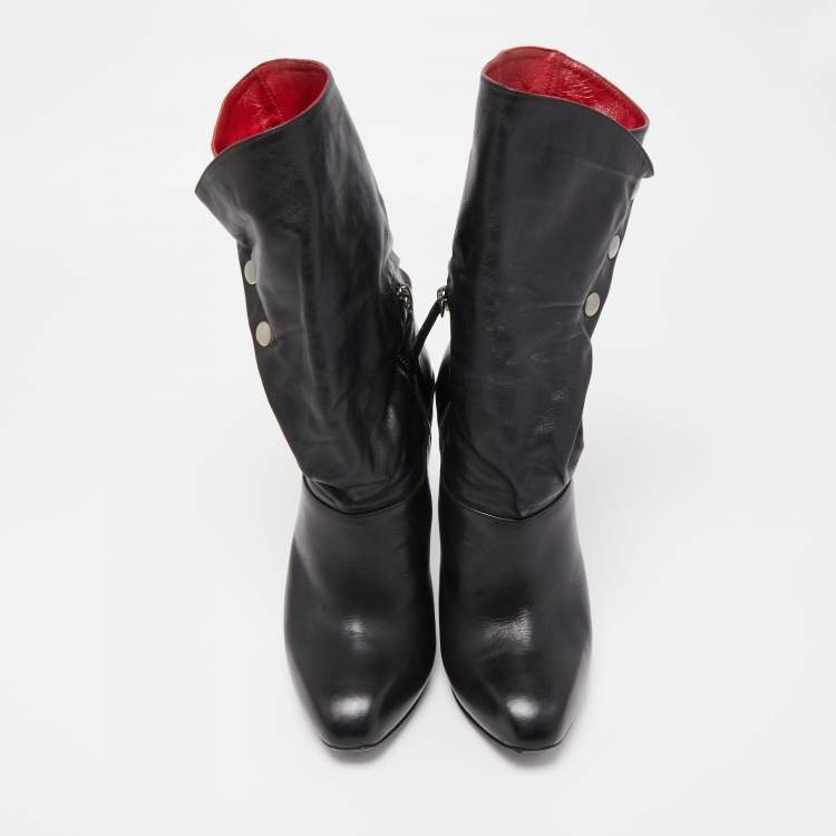 Pre Owned Alexander McQueen Black Leather Stud Detail Calf Length Boots Size 39