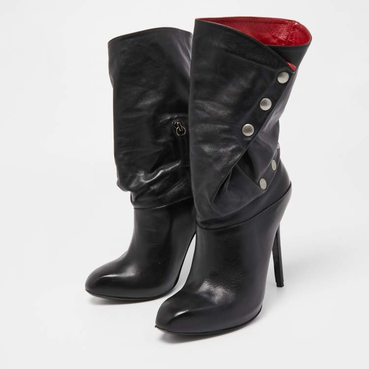 Pre Owned Alexander McQueen Black Leather Stud Detail Calf Length Boots Size 39