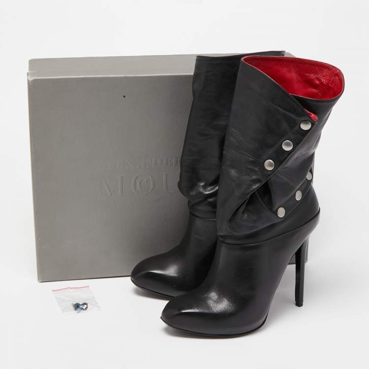 Pre Owned Alexander McQueen Black Leather Stud Detail Calf Length Boots Size 39